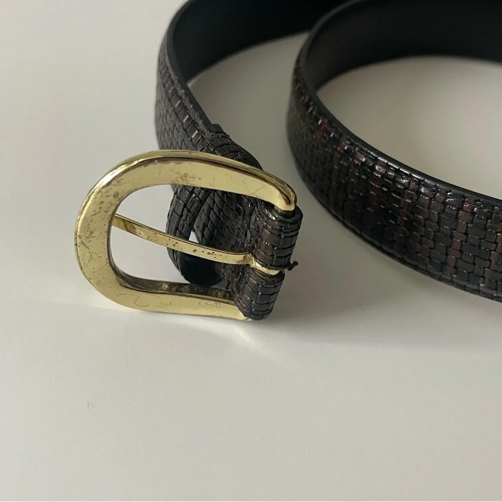 Genuine Leather Belt Black Brown Print Pattern Size 38 Unisex
